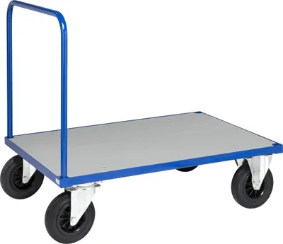 Produktbild von Kongamek Plattformwagen in blau 1000x700x900mm mit offenem Schiebegriff, verzinkter Ladefläche, Gummibereifung und Bremse