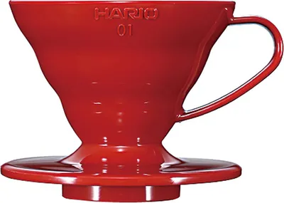 A red Hario V60-01 ceramic coffee dripper is shown against a white background.