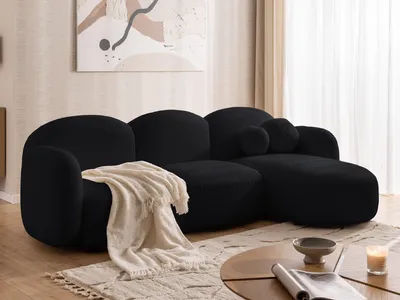 Produktbild von Nuvola - Moderne Ecksofa L-Form aus Schwarz Bouclé-Stoff mit abgerundetem Design und hohem Sitzkomfort