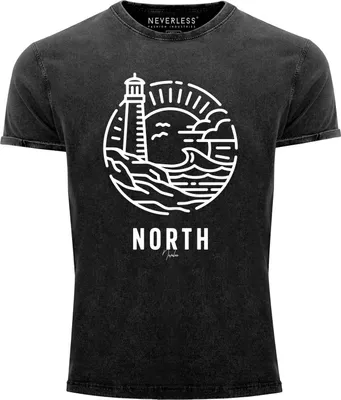 Produktbild von Neverless® Herren T-Shirt Vintage Shirt Printshirt Logo Outline Art maritim Leuchtturm Welle Used Look Slim Fit schwarz M