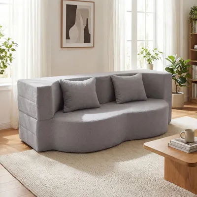 Image de Canapé-lit COSTWAY, canapé-lit sans armature avec 2 coussins confortables et mousse à mémoire de forme, canapé de sol en polaire Teddy avec fonction couchage, canapé-lit, gris