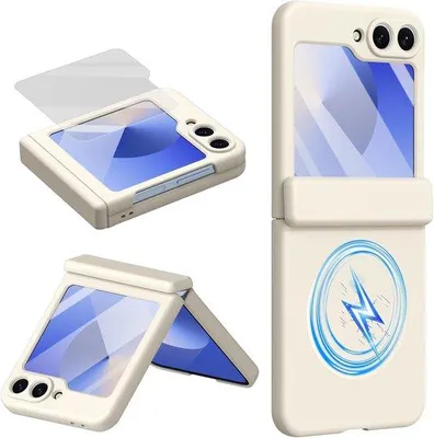 Produktbild von Voller Kameraschutz und Scharnierschutz für Z Flip 7 FE - Magnetische Silikonhülle in Weiß, geeignet für MagSafe, Screen Protector und nachhaltiges Design