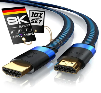 Immagine prodotto di Set di 10 cavi HDMI Primewire 2.1, lunghezza 1 metro, velocità ultra elevata, supporto 8K a 120 Hz con DSC, eARC e HDR10 Plus, connettori placcati in oro, cavi per monitor, 10 pezzi, colore nero e blu, Immagine generata dall'IA