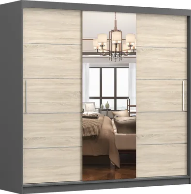Produktbild von MOEBLO Kleiderschrank ALFA – Schwebetürenschrank 2-türig Schrank Garderobe Schiebtüren Schlafzimmer, Dekorative Aluminiumleisten, Kleiderstange und Regale (BxHxT): 233x218x61 cm - ALFA Graphit + Sonoma