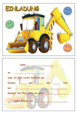 Produktbild von 8 Einladungskarten Kinder Geburtstag Einladungen Bagger Baustelle baggern bauen Bau