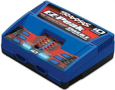A blue Traxxas EZ-Peak Plus LiPo / NiMH Dual 2x50W charger is shown on a white background.