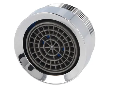 A close-up, studio shot of a faucet aerator.