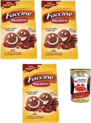 Produktbild von Balocco faccine kekse mit Schokolade & Haselnüss, Ohne Palmöl, ohne Konservierungsstoffe, 3x 350g biscuits cookies + Itlaian Gourmet polpa 400g