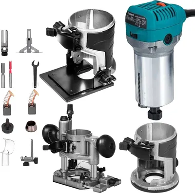 A collage of a compact router and its various accessories and bases, presented on a white background.
