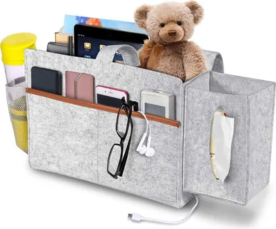 Produktbild von MODFU Bett Tasche Filz Organizer, Bettablage Aufbewahrungstasche mit Tücherbox und Flaschenhalter Anti-Rutsch Nachttisch-Caddy für Buch, Zeitschriften, iPad, Handy, Fernbedienung - Grau
