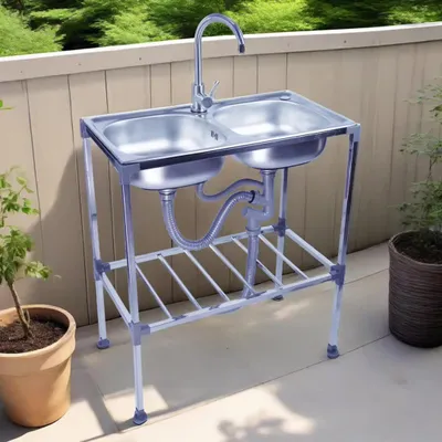 Immagine prodotto di lavello esterno - lavello - lavandino - lavabo - bacinella - acciaio inossidabile - lavello a due vasche - 75x40x83 cm