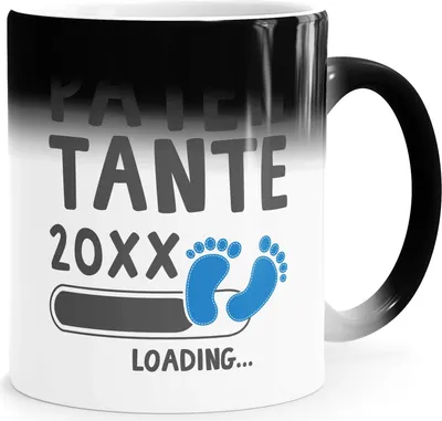Produktbild von Kaffee-Tasse Patentante loading Thermoeffekt Zaubertasse Geschenk für werdend Patentante Ankündigung Schwangerschaft Geburt Baby MoonWorks® weiß/blau Magic-Tasse