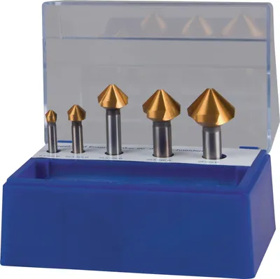 Imagen del producto de Juego de brocas para roscar con cono morse DIN 335C, ángulo de 90 grados, de 6,3 a 25 mm, acero rápido HSS con revestimiento TiN, 5 piezas, en caja TECWERK