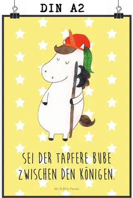 Produktbild von Mr. & Mrs. Panda Bild Einhorn Junge DIN A2 - Gelb Pastell - Geschenk, Plakat, Mittelalter, Unicorn, Wanddeko, Bube, Einhörner, drucke, Wandbild