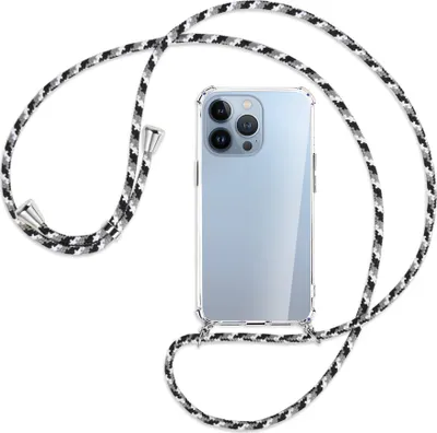 Produktbild von Handykette Backcover-Schutzhülle mit Band (Metall silberfarben) für Apple iPhone 13 Pro Max - schwarz/grau/weiß