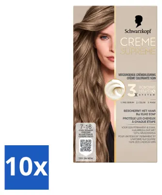 Produktbild von 10 x Schwarzkopf Creme Supreme 7-16 Dauerhafte Haarkleuring - Kühles Dunkelaschblond - 245g - Vorteilspackung - 10 Stücke