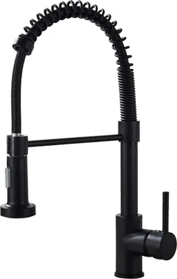 A black kitchen faucet with a coiled hose and a pull-down sprayer is shown against a white background.