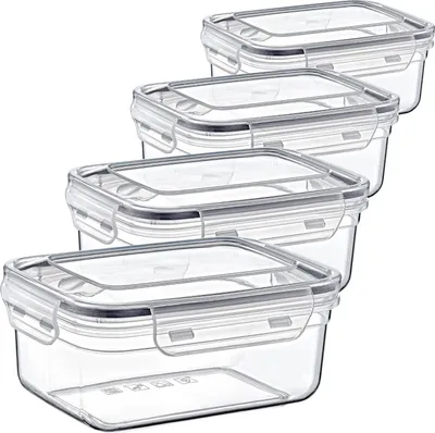 Four clear plastic food storage containers are stacked diagonally.