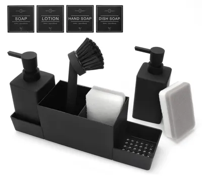 Produktbild von Spülmittelspender für die Küche, Set mit Spülmittel- und Seifenspender, Spülmittel- und Seifenspender-Set mit Schwammhalter und Bürste, schwarzer Spülbecken-Organizer