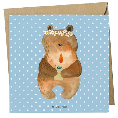 Produktbild von Mr. & Mrs. Panda Grußkarte Bär Kommunion - Blau Pastell - Geschenk, faltkarte, Gottes Segen, Teddy, Taufkerze, Katholisch, doppelkarte, Klappkarte, Glückwunschkarte