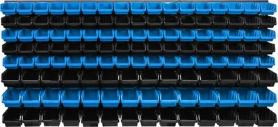 A wall-mounted storage system with multiple blue and black bins.