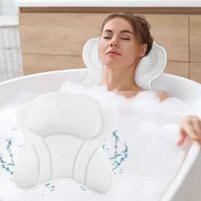 Imagen del producto de Almohada para la ducha con ventosas, color blanco, que proporciona soporte para la cabeza, el cuello y los hombros, ideal para usar en la bañera