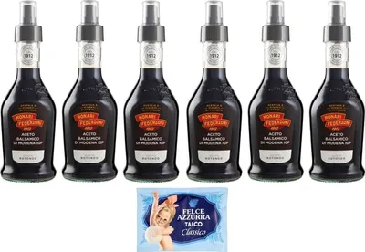 Produktbild von 6er-Pack Monari Federzoni Aceto Balsamico di Modena I.G.P.Gusto Rotondo,Spray Balsamico-Essig aus Modena I.G.P.,250ml Glasflasche + 1er-Pack Felce Azzurra Talkumpuder, 100g-Beutel