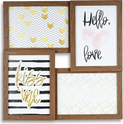 A collage of four framed pictures with different designs and text.