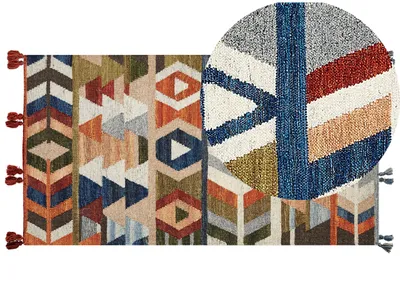 Produktbild von BELIANI Kelim-Teppich Mehrfarbig Wolle und Baumwolle 80 x 150 cm Läufer mit Quasten Geometrischem Muster Handgewebt Boho Fußbodenheizung Geeignet