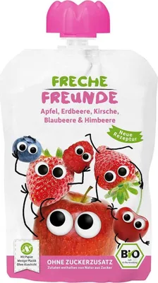 MUS JABŁKO - TRUSKAWKA - JAGODA - MALINA BEZ DODATKU CUKRÓW BEZGLUTENOWY OD 6 MIESIĄCA BIO 100 g - FRECHE FREUNDE