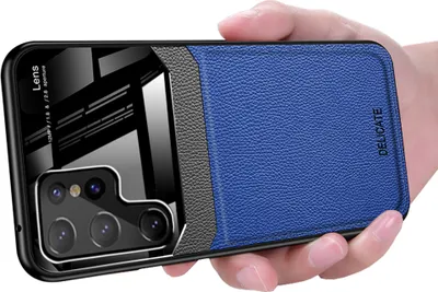 Produktbild von Galaxy S23 Ultra Hülle, TPU Stossfest Anti-rutsch Leder Glas Len Hybrid Schutzhülle für Samsung Galaxy S23 Ultra Blau