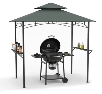 Immagine prodotto di KOMFOTTEU, struttura di copertura per barbecue, cestino, ganci, 2 ripiani, dimensioni 240 x 151 x 255 cm (grigio)