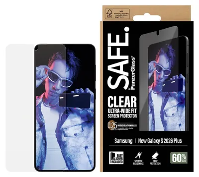 Produktbild von PanzerGlass SAFE. by ® Displayschutz Samsung Galaxy S26+ | Ultra-Wide Fit m. EasyAligner, Samsung, Samsung - Galaxy S26+, Trockene Anwendung, Kratzresistent, Schockresistent, Transparent, 1 Stück(e)