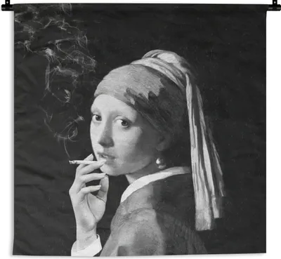 Produktbild von MuchoWow® Wandteppich Wandbehang Das Mädchen mit dem Perlenohrring - Johannes Vermeer - Schwarz und weiß 150x150 cm Tapisserie Dekoration Wandtuch - Wohnaccessoires - Modernes