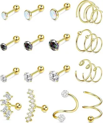 Zdjęcie produktu dla Zestaw 22-elementowy do piercingu chrząstki Unyqoos®, stal nierdzewna 316L, kolczyki do piercingu uszu 16G/20G (sztyft 6 mm, średnica 6/8/10 mm), kolczyki typu "hoop" do piercingu chrząstki, muszli i tragusa, kolor złoty