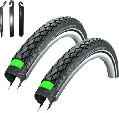 Image de 2 pneus de vélo Schwalbe Marathon Green Guard avec réflecteur 37-590 - (26 x 1 3/8) avec 3 démonte-pneus