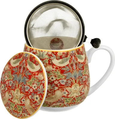 Produktbild von DUO ART GALLERY Fassbecher 430 ml STRAWBERRY THIEF RED mit Teesieb, New Bone China Porzellan