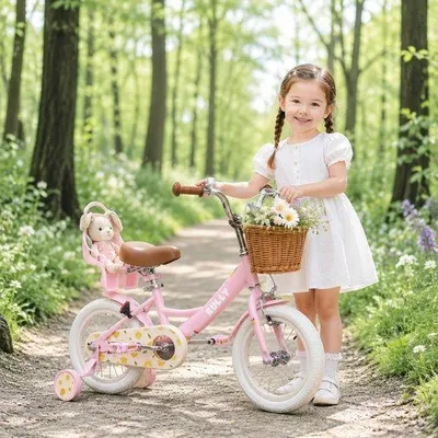 Produktbild von Kinderfahrrad 12 Zoll – Rosa Mädchenfahrrad mit Stützrädern – Inklusive Korb und Puppensitz – Für Mädchen im Alter von 2-4 Jahren