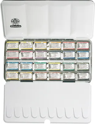 An open metal tin of watercolor paints with 24 full pans arranged in four rows.