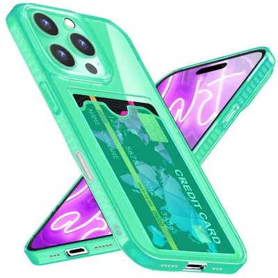 Produktbild von NALIA Neon Silikonhülle für iPhone 16 Pro – Kartenfach & Knallige Signal-Farbe – CARDPOP (Anti-Shock Handyhülle) – Marke aus Berlin – Türkis