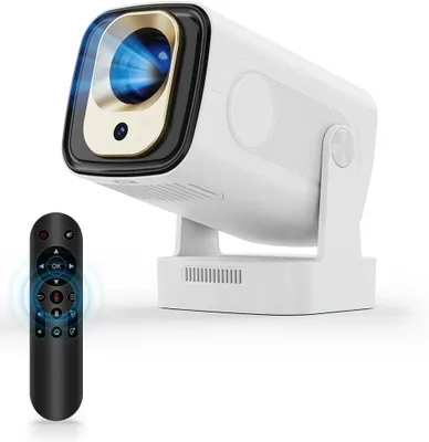 A white mini projector with a gold accent around the lens, shown with a black remote control in front of it. The projector is on a white stand.
