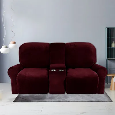 Produktbild von 8-teiliger Stretch Samt Hussen Recliner Sofabezug mit Getränkehaltern,Dicke Plüsch Liegesofa 2-Sitzer Recliner-Abdeckung,Rot