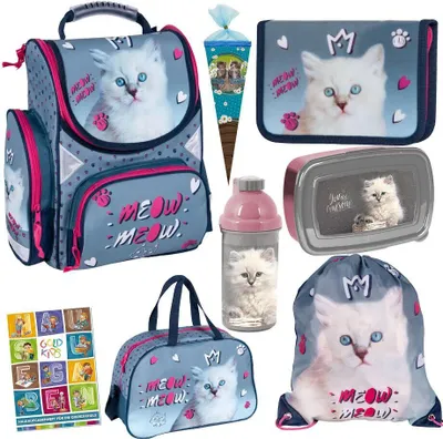 Produktbild von Goldkids Schulranzen Katze Cat Motiv ergonomischer Ranzen Federmappe Turnbeutel Brotdose Trinkflasche Sporttasche Zuckertüte Aufgabenheft für die Grundschule 8er Set.