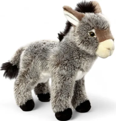 A plush toy donkey standing on a white background.
