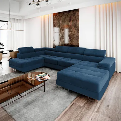 Zdjęcie produktu dla Masseno Narożnik CASONE L-S z funkcją spania i pojemnikiem na pościel Kształt U, Rozkładana sofa, Rogówka - Niebieski, MONOLITH 77