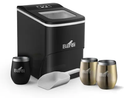 Produktbild von Bardi Eiswürfelmaschine Set – 2 Liter, Schwarz – 12 kg Eiswürfel in 24 Stunden – mit Eisschaufel – inklusive 3 Luxus-Thermosbechern und Eisschaufel – Gold