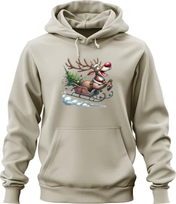 Produktbild von Rudolph Rentier Schlitten Weihnachtsbaum Glöckchen Cartoon Lustig Uni Hoodie Kapuzenpullover, Natur, 3XL