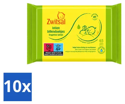 Image de 10 paquets de lingettes pour bébé Zwitsal, lotion pour les peaux sensibles, 65 lingettes par paquet - Pack économique - 10 paquets