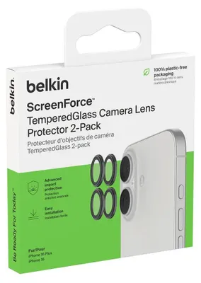 Obrázok produktu pre Belkin ScreenForce, Apple, iPhone 16, iPhone 16 Plus, Odolné voči pádom, Odolné proti poškriabaniu, Čierna, Priehľadná, 2 kusov