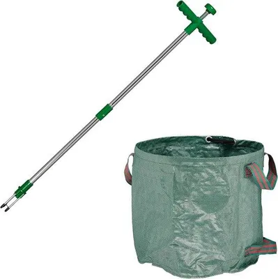 Produktbild von Famanu Unkrautstecher mit Gartenabfallsack - Wasserfest - Unkrautstecher mit 99 cm langem Griff - Grün